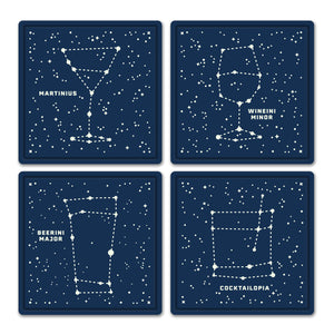 4 navy blue glow-in-the-dark drink coasters stars constellations in different bar glass shapes