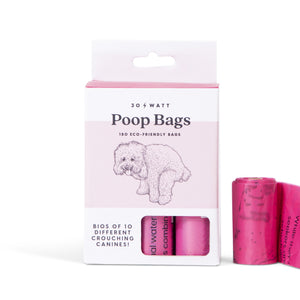 White box of pink colored 30 watt poop bags cute pooping puppy design actual item visible
